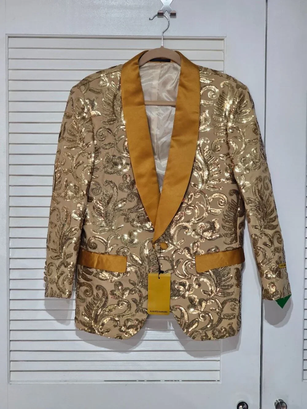 NWT Alberto Nardoni Men's Gold Sequin Blazer Shawl Collar Satin Trim Sz S 232